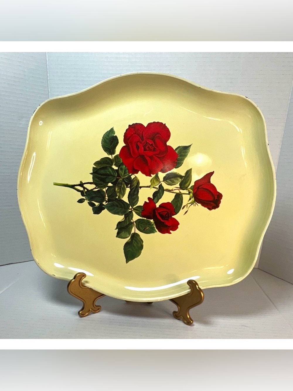 Vintage Mid-Century Yellow Tin Metal Serving Tray - Red Roses - Made in Japan